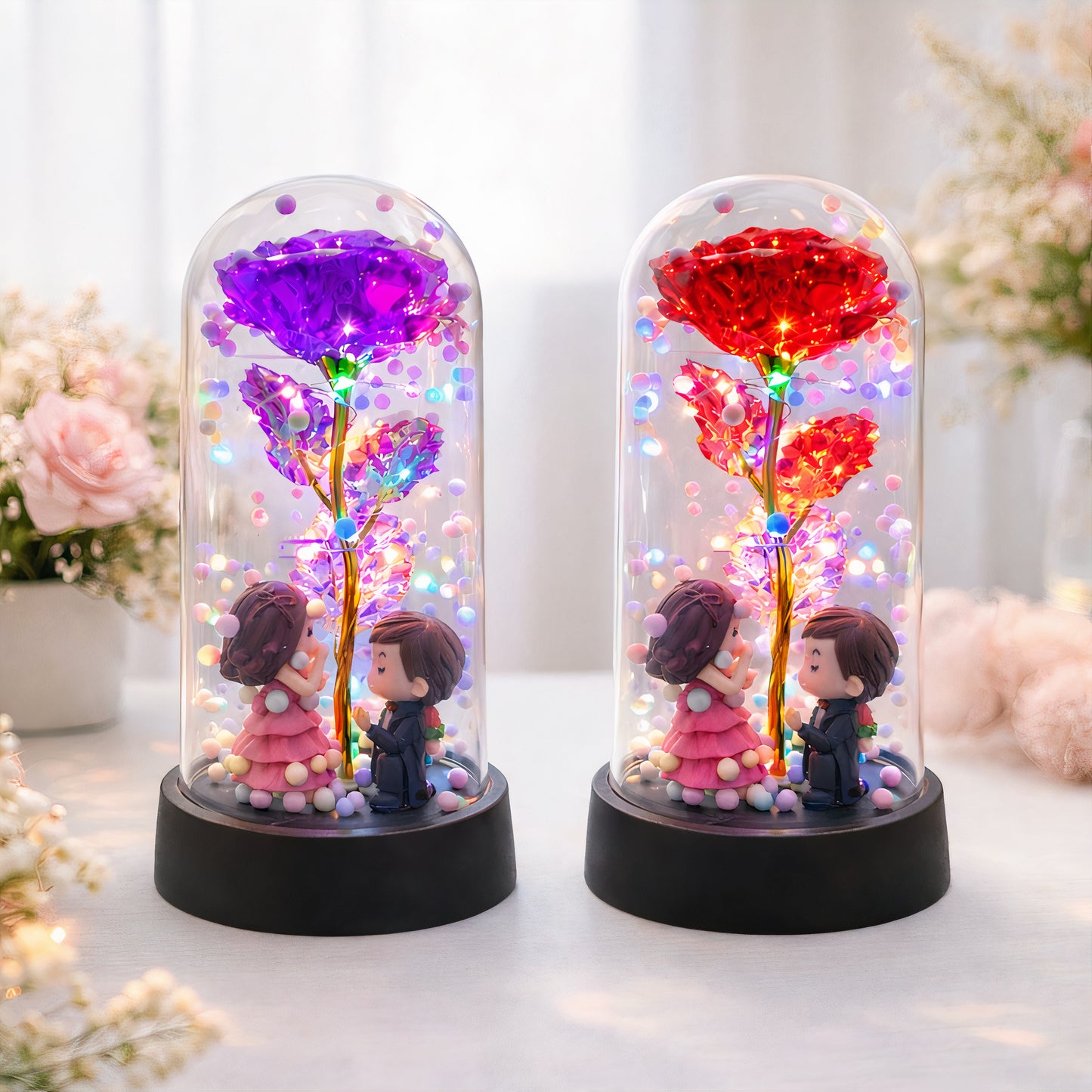 Trandafir Cristalizat 20cm cu Figurină Cuplu Romantic