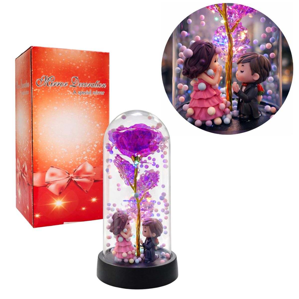 Trandafir Cristalizat 20cm cu Figurină Cuplu Romantic
