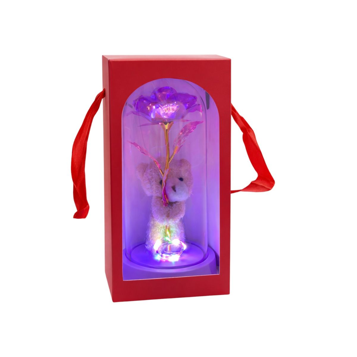 Trandafir Cristalizat 21 cm cu Lumină LED Multicoloră și Ursuleț 10 cm