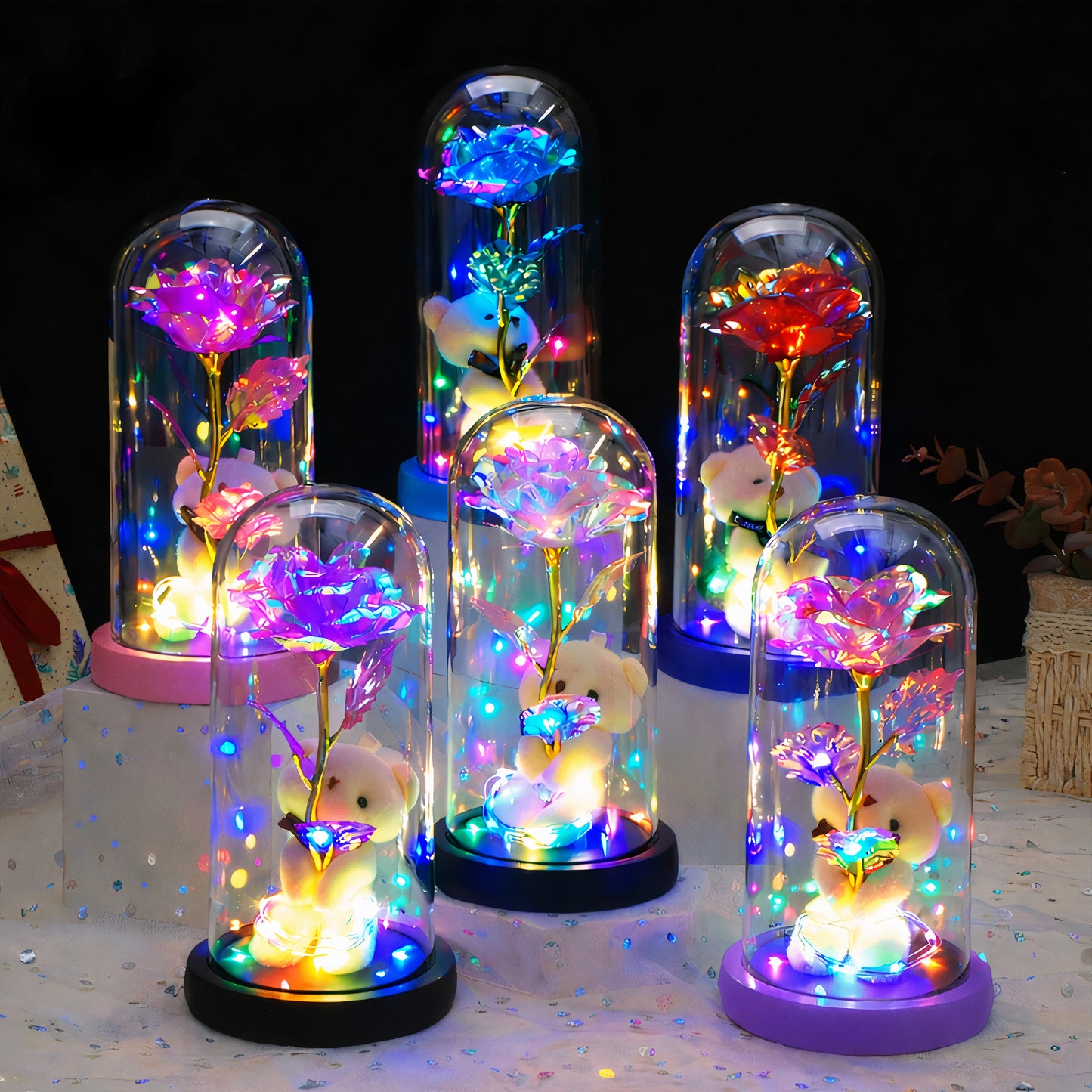 Trandafir Cristalizat 21 cm cu Lumină LED Multicoloră și Ursuleț 10 cm