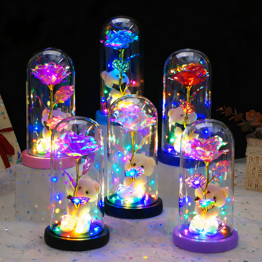 Trandafir Cristalizat 21 cm cu Lumină LED Multicoloră și Ursuleț 10 cm